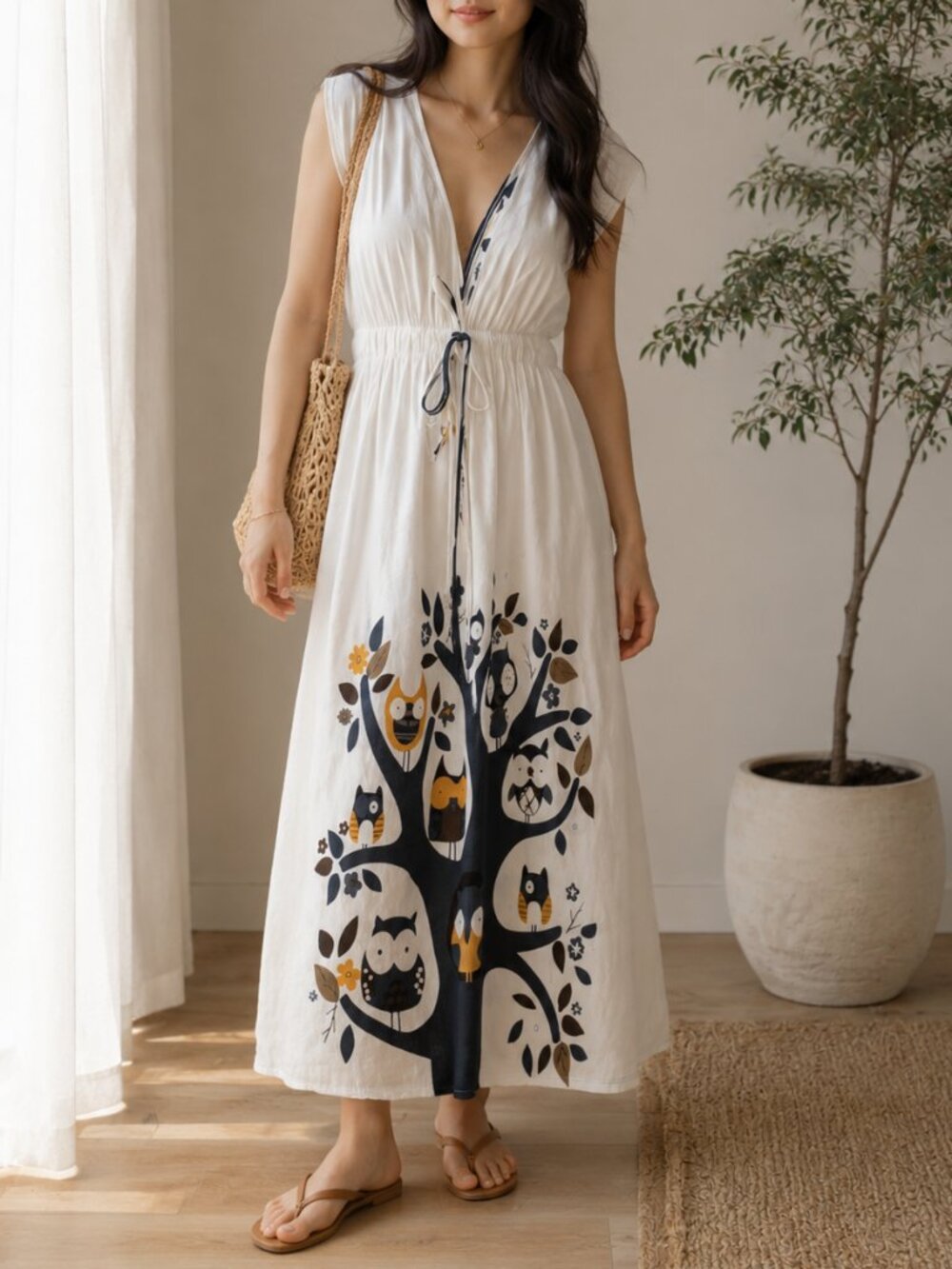 Whimsical Owl Tree Print Dress